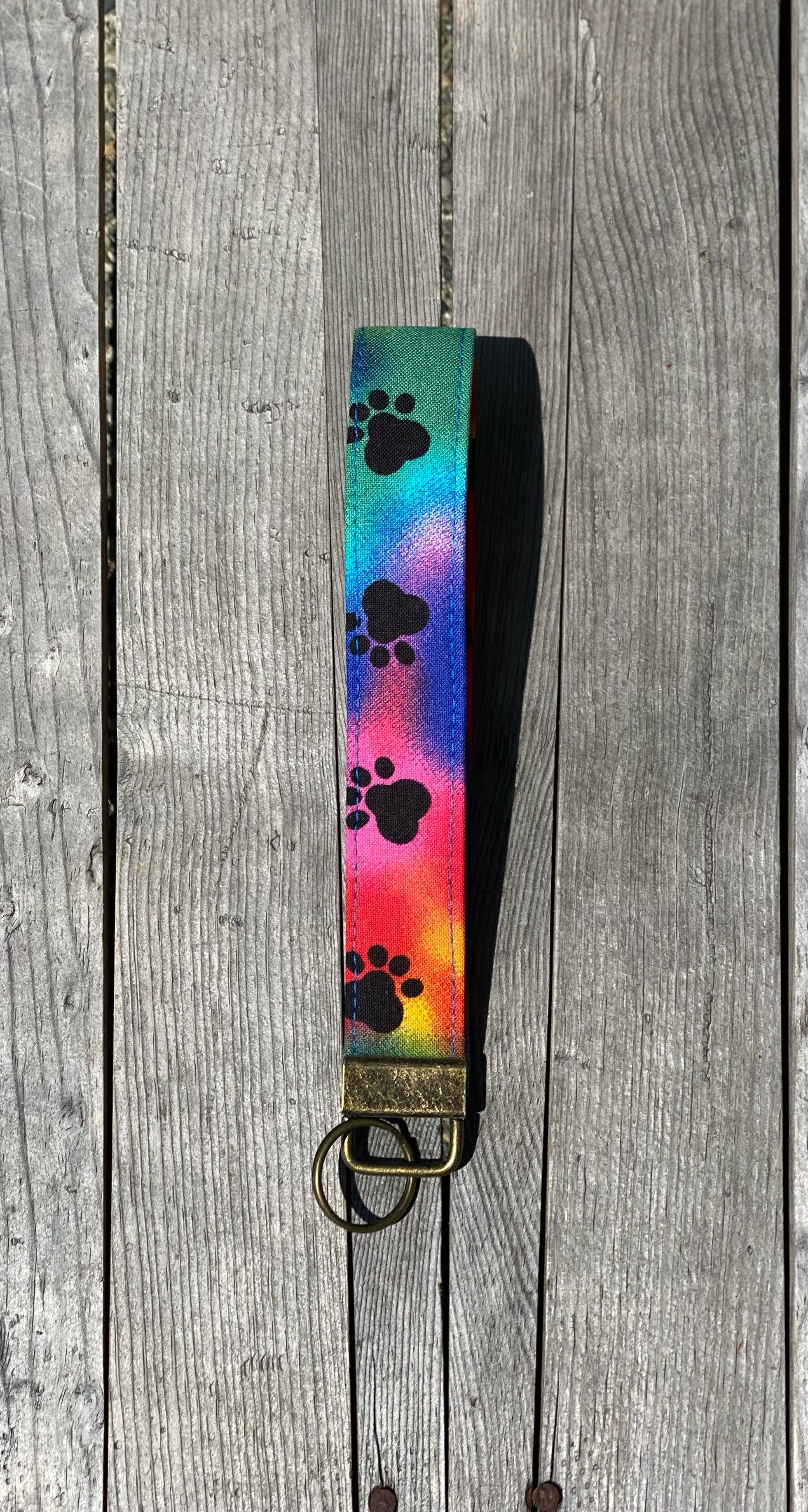 Rainbow Tie Dye Paw Print Wristlet Key Fob, Colorful Wrist Key Chain Holder, Cute Wristlet Keychain, Fabric Keyring Strap