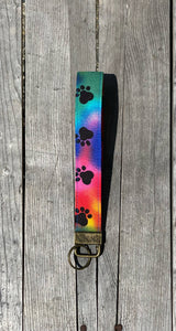 Rainbow Tie Dye Paw Print Wristlet Key Fob, Colorful Wrist Key Chain Holder, Cute Wristlet Keychain, Fabric Keyring Strap