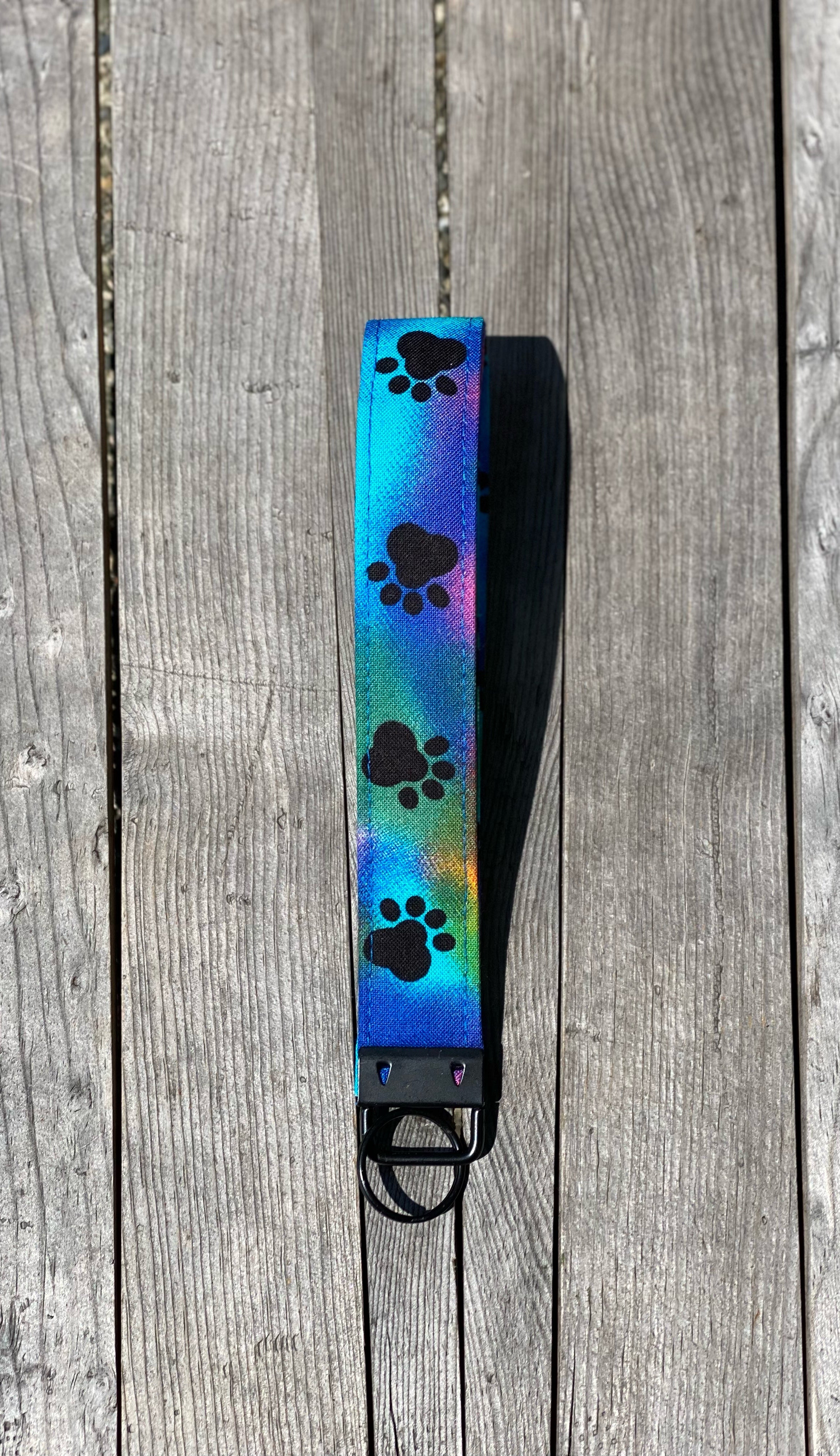 Rainbow Tie Dye Paw Print Wristlet Key Fob, Colorful Wrist Key Chain Holder, Cute Wristlet Keychain, Fabric Keyring Strap