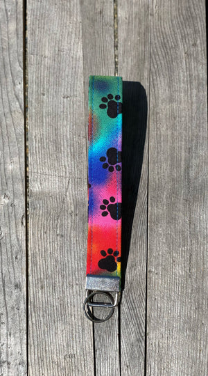 Rainbow Tie Dye Paw Print Wristlet Key Fob, Colorful Wrist Key Chain Holder, Cute Wristlet Keychain, Fabric Keyring Strap