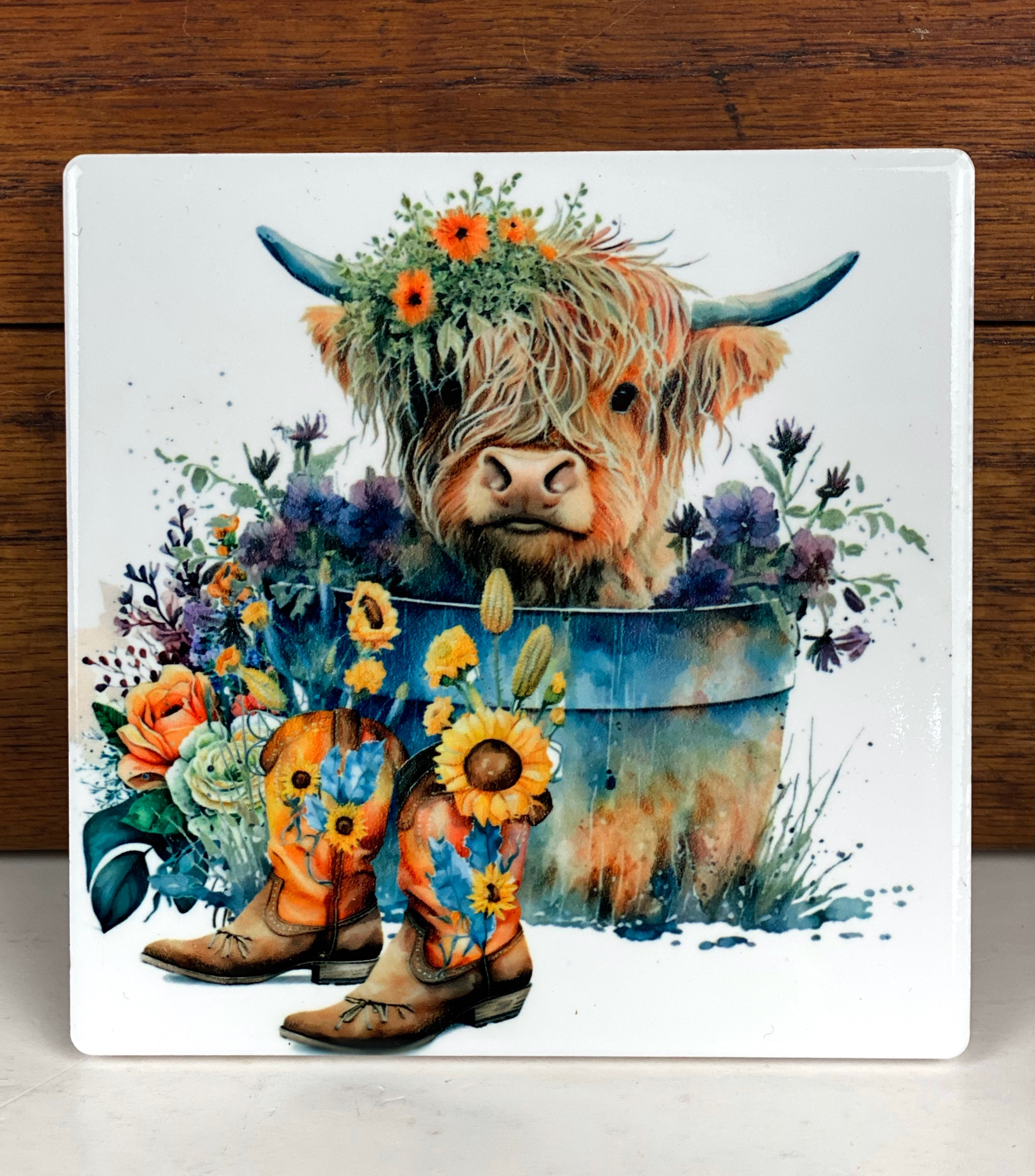 Highland Cow Ceramic Coasters, Sublimation Coaster Set of 2, Farmhouse Decor