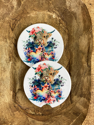 Highland Cow Ceramic Car Coasters, Stoneware Cup Holder Coaster Set of 2, Sublimation Coasters, Car Accessories