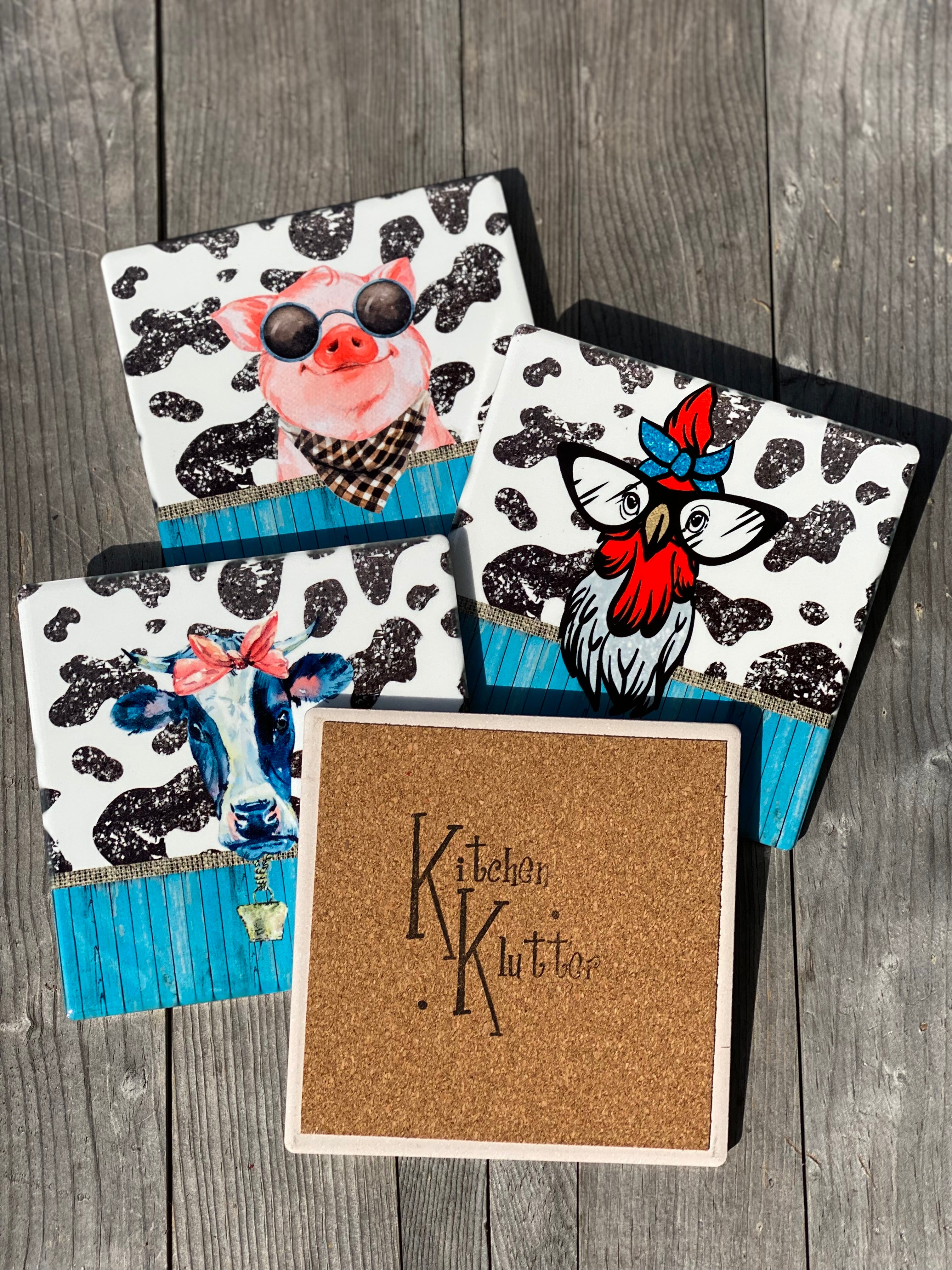 Barnyard Friends Ceramic Sublimation Coasters Pig Cow Ostrich Chicken