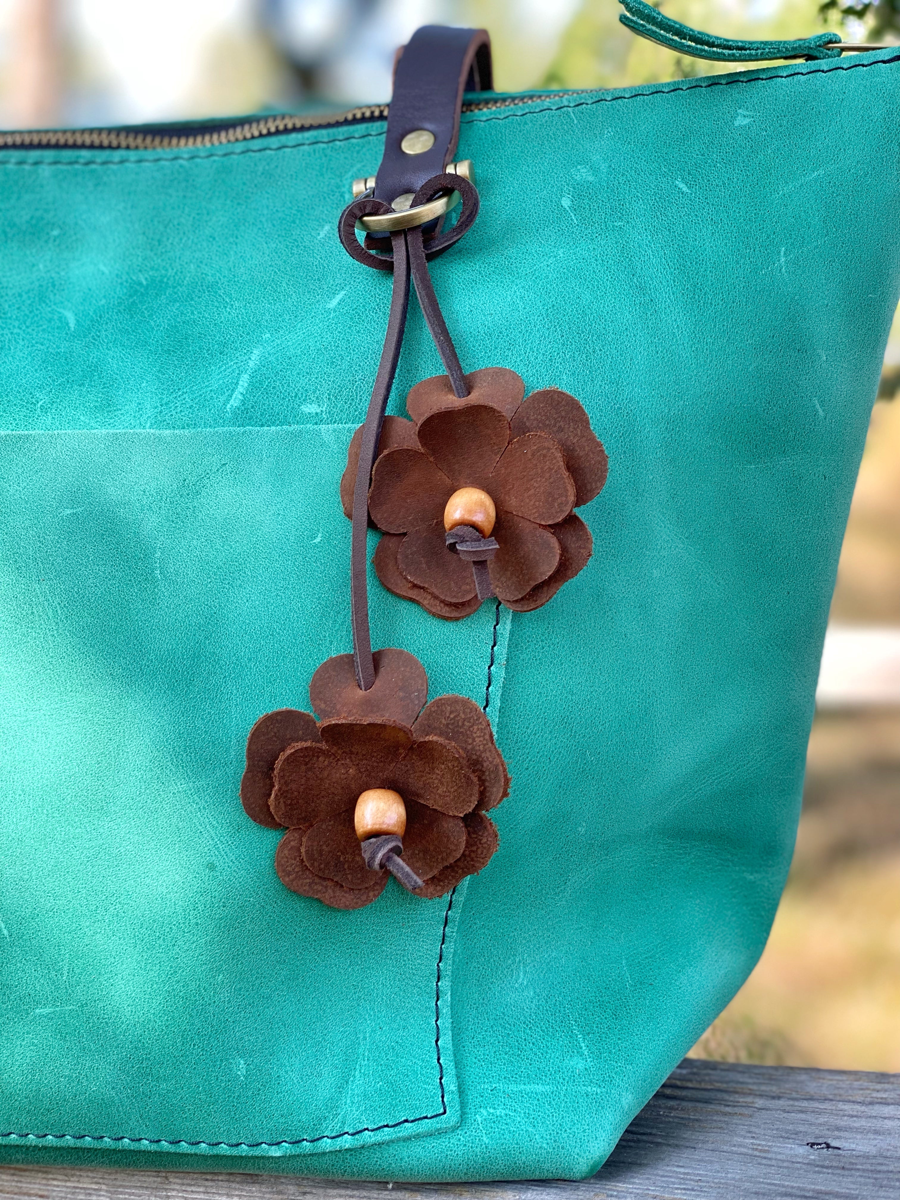 Leather Flower and Bead Purse Tassel Bag Charm