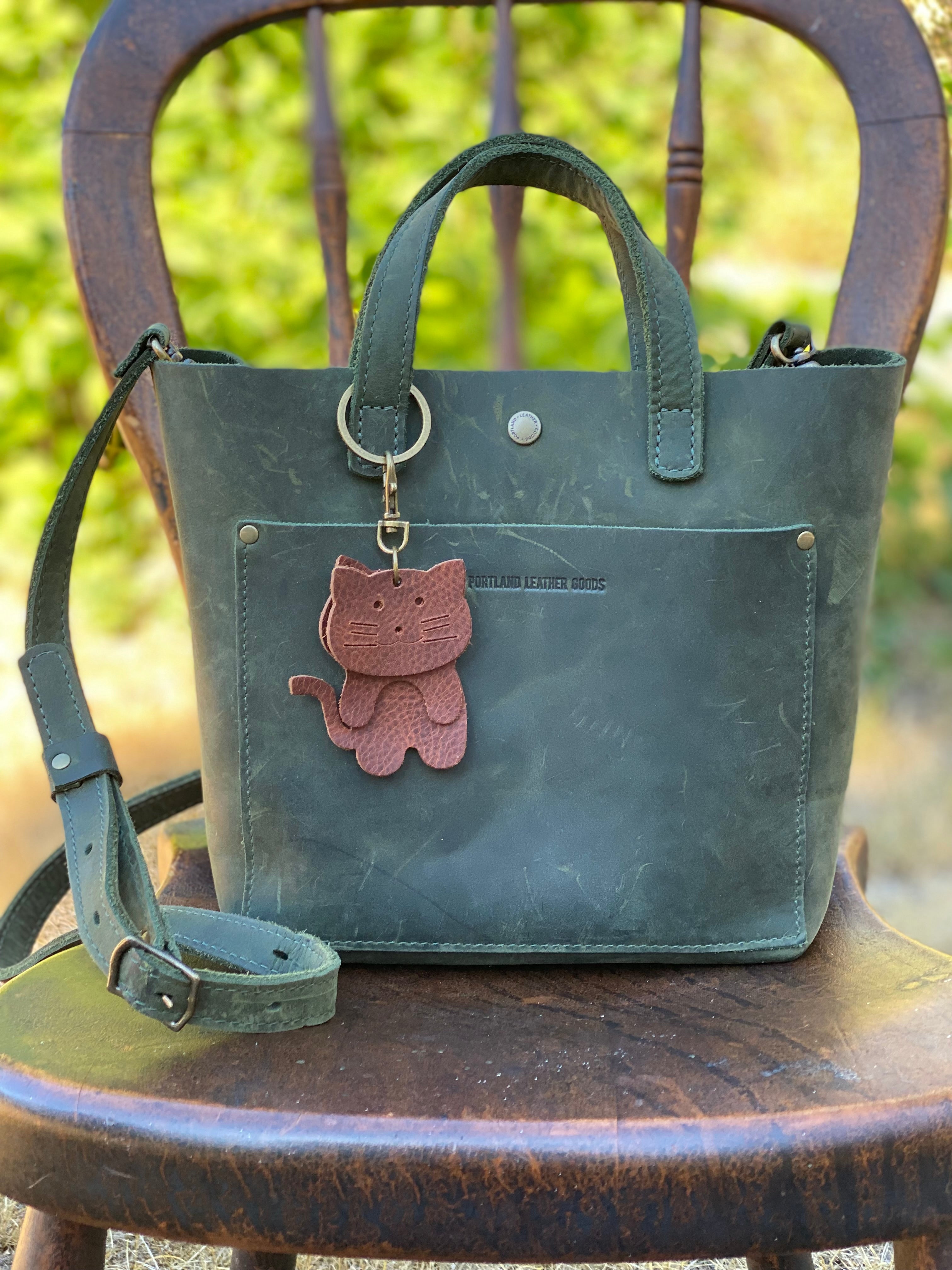 Leather Cat Keyring Purse Charm, Bag Clip on Cat Fob, Cute Cat Lovers Accessory
