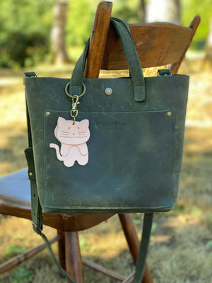 Leather Cat Keyring Purse Charm, Bag Clip on Cat Fob, Cute Cat Lovers Accessory