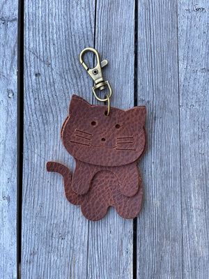 Leather Cat Keyring Purse Charm, Bag Clip on Cat Fob, Cute Cat Lovers Accessory