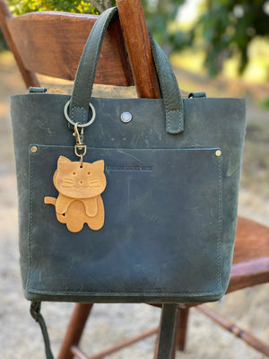 Leather Cat Keyring Purse Charm, Bag Clip on Cat Fob, Cute Cat Lovers Accessory