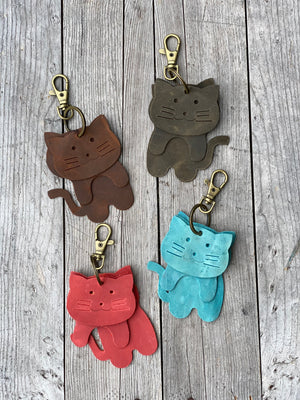 Leather Cat Keyring Purse Charm, Bag Clip on Cat Fob, Cute Cat Lovers Accessory