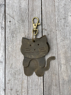 Leather Cat Keyring Purse Charm, Bag Clip on Cat Fob, Cute Cat Lovers Accessory