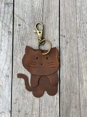 Leather Cat Keyring Purse Charm, Bag Clip on Cat Fob, Cute Cat Lovers Accessory