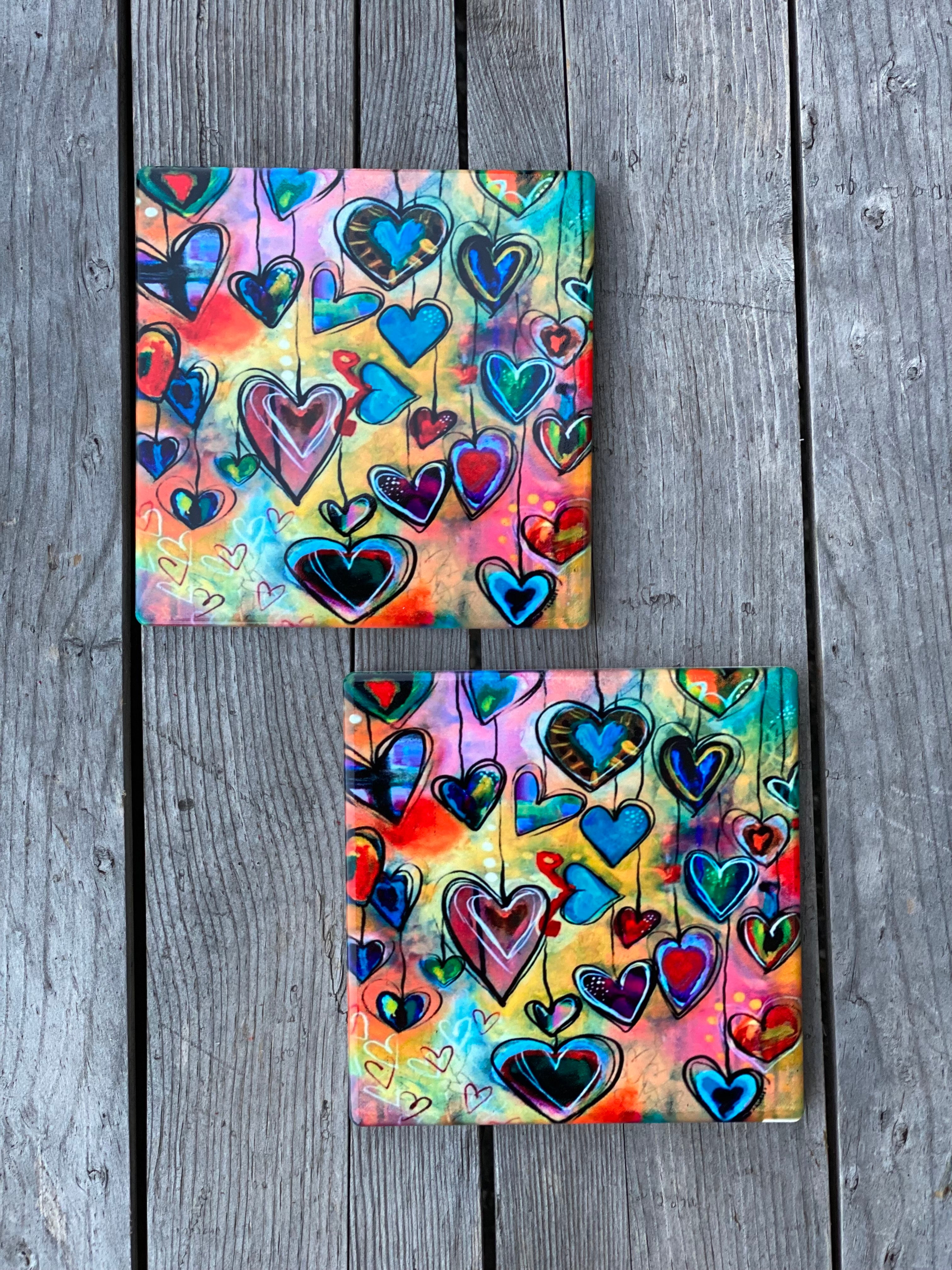 Whimsical Hearts Ceramic Coasters, Sublimation Coaster Set of 2