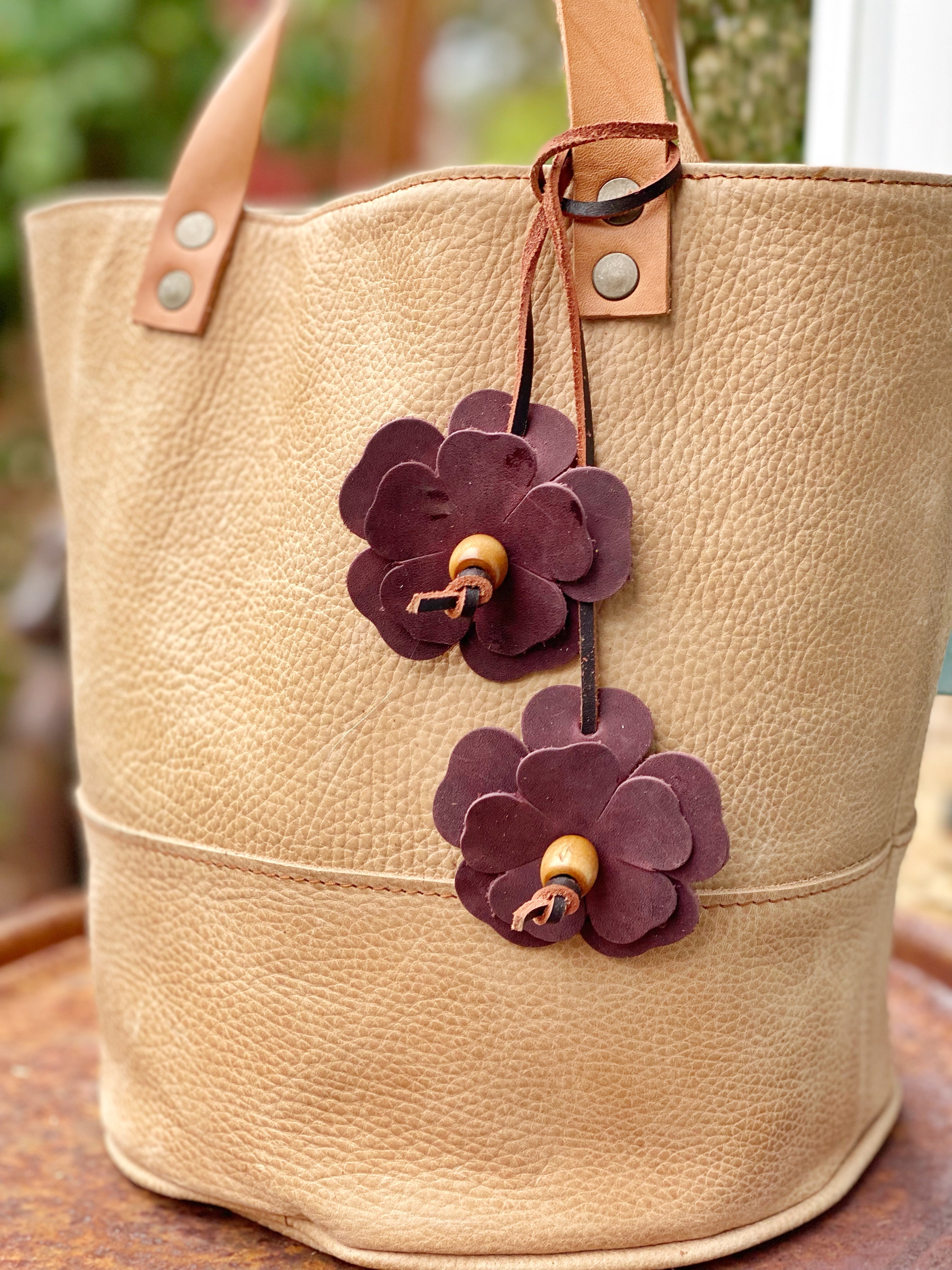 Leather Flower and Bead Purse Tassel Bag Charm
