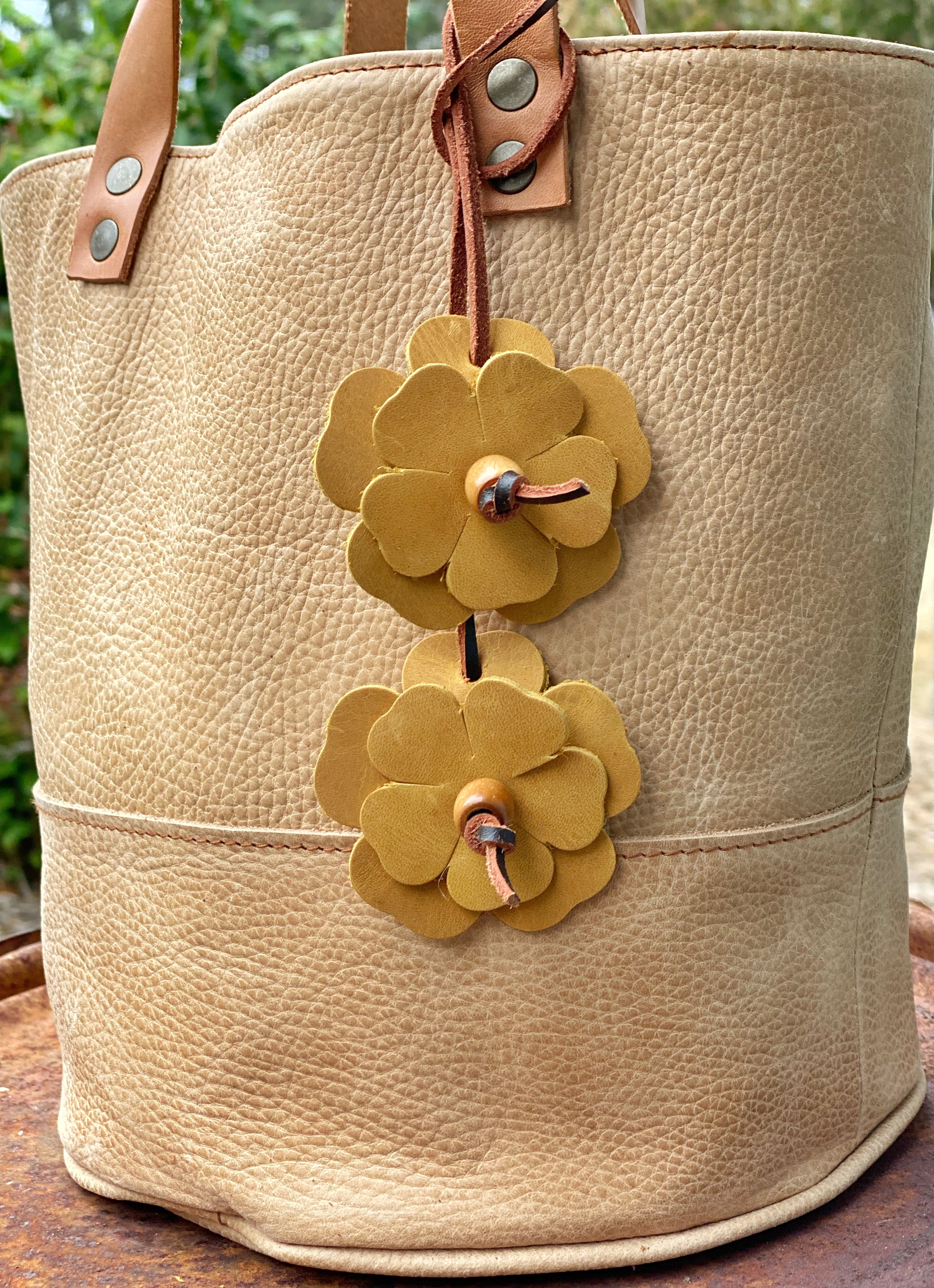Leather Flower and Bead Purse Tassel Bag Charm