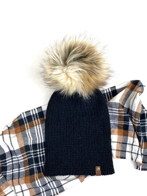 Black Basic Reversible Knit Beanie Double Layer Acrylic Hat Teen Adult Female with XL Faux Fur Pom