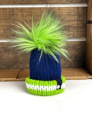 Tiny Seattle Blue and Green Mini Knit Hat Purse Charm, Folded Brim Tiny Hat Ornaments, Seahawks Inspired Miniature Beanie Christmas Decor