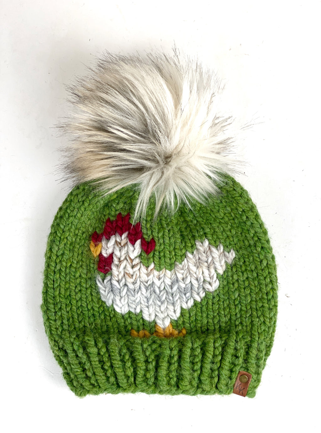 Grass Green Chicken Beanie Wool Blend Womens Adult Hat Faux Fur Pom Pom Hat