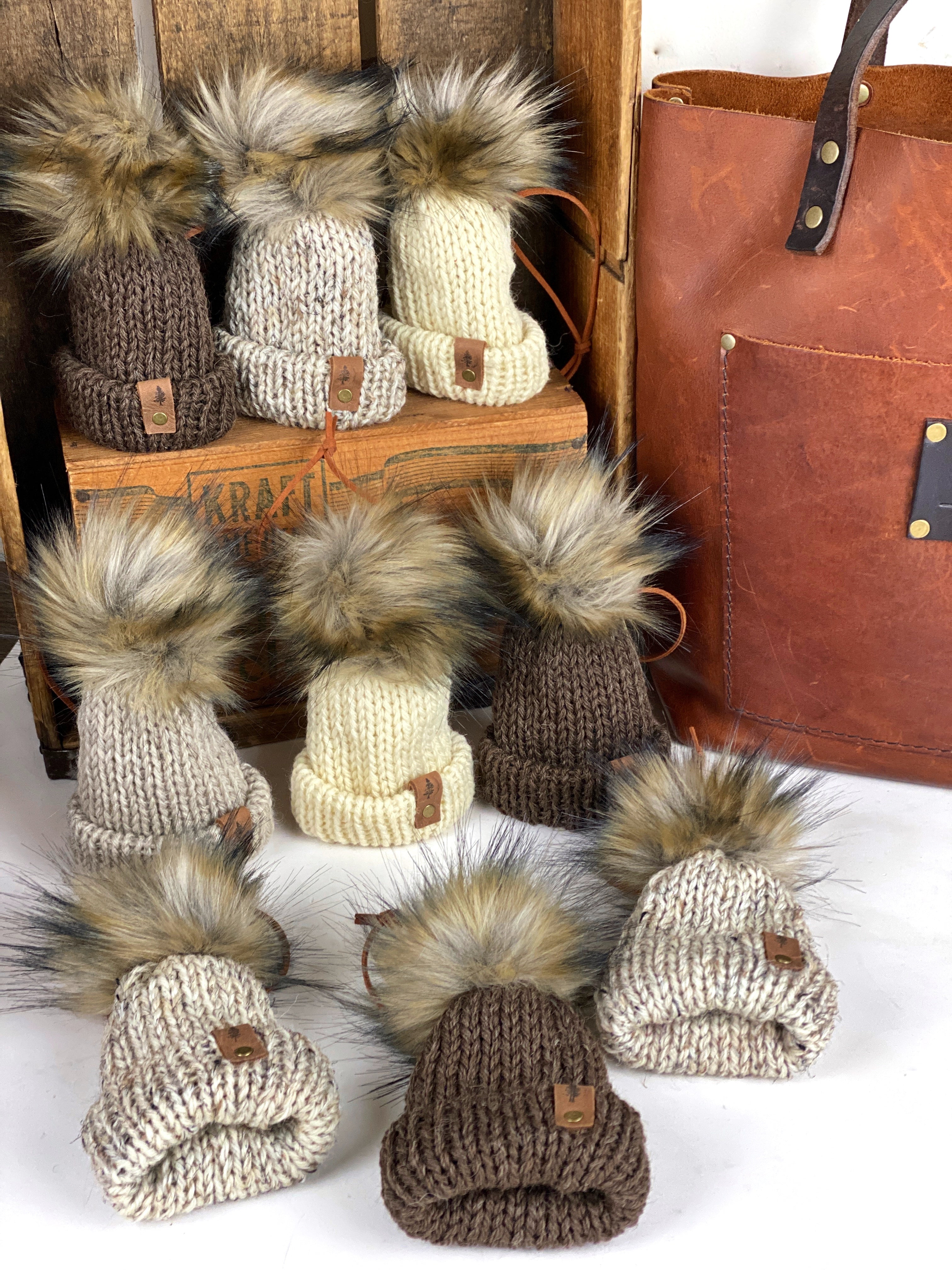 Fishermens Wool Mini Knit Hat Purse Charm, Folded Brim Tiny Hat Ornaments, Wool Miniature Beanie Christmas Decor
