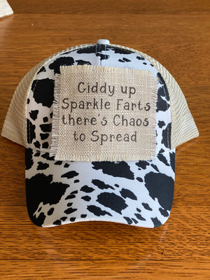 Giddy Up Sparkle Farts There's Chaos To Spread Mesh Trucker Ponytail Baseball Hat Cap with Raggedy Patch