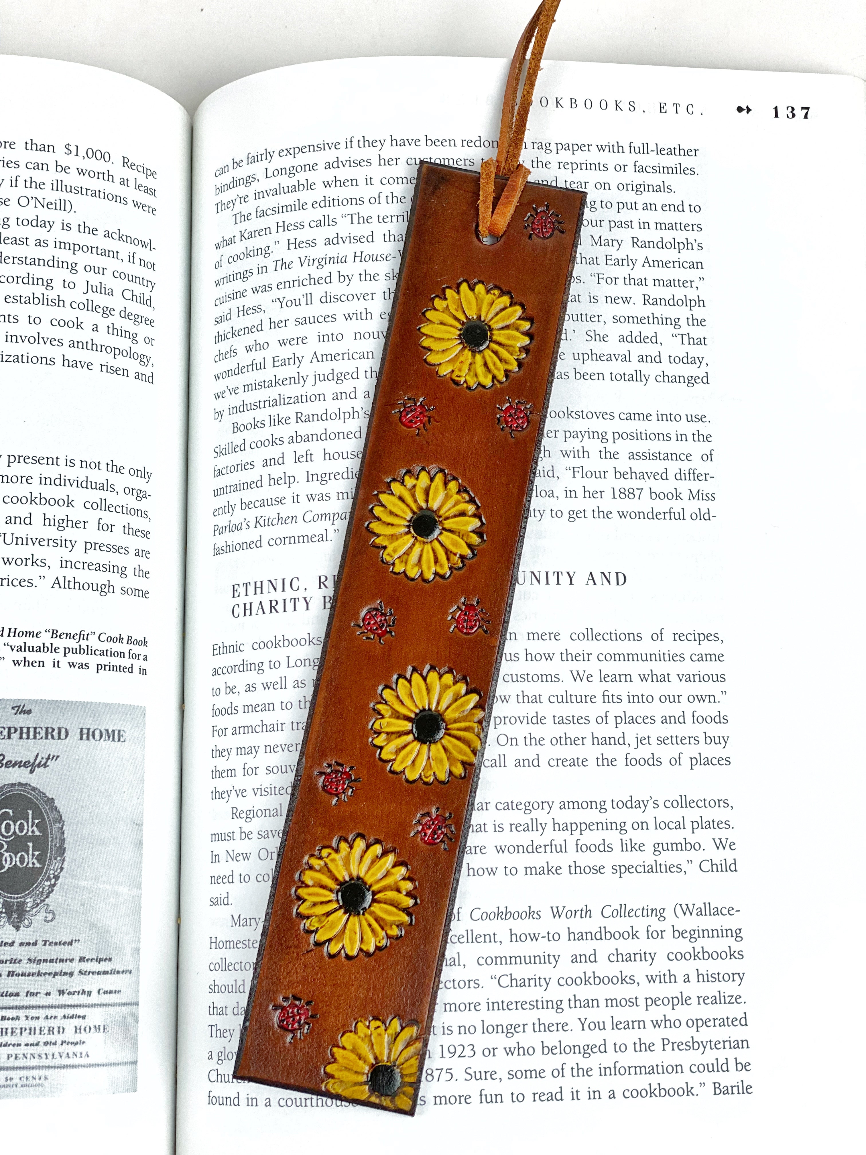 Leather Sunflower Bookmark, Leather Book Marker, Hand Stamped and Painted Leather Flower Book Mark, Leather Bookmarker