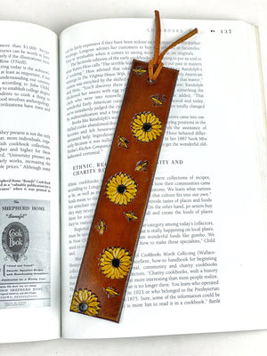 Leather Sunflower Bookmark, Leather Book Marker, Hand Stamped and Painted Leather Flower Book Mark, Leather Bookmarker