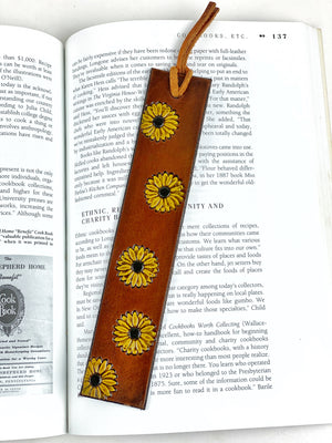 Leather Sunflower Bookmark, Leather Book Marker, Hand Stamped and Painted Leather Flower Book Mark, Leather Bookmarker
