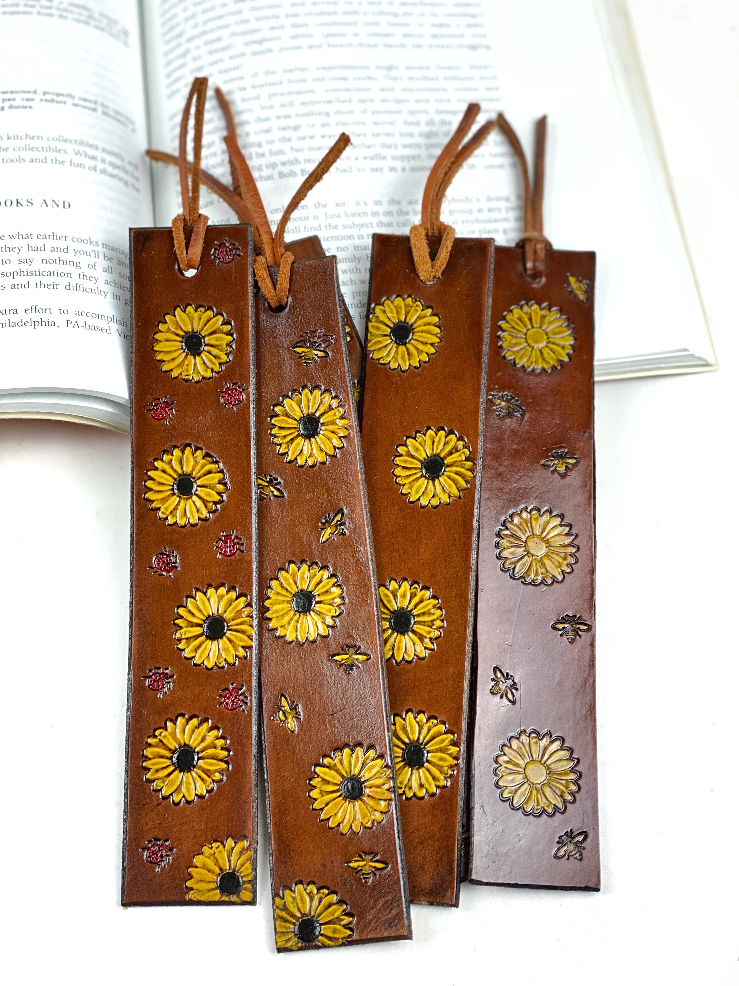 Leather Sunflower Bookmark, Leather Book Marker, Hand Stamped and Painted Leather Flower Book Mark, Leather Bookmarker