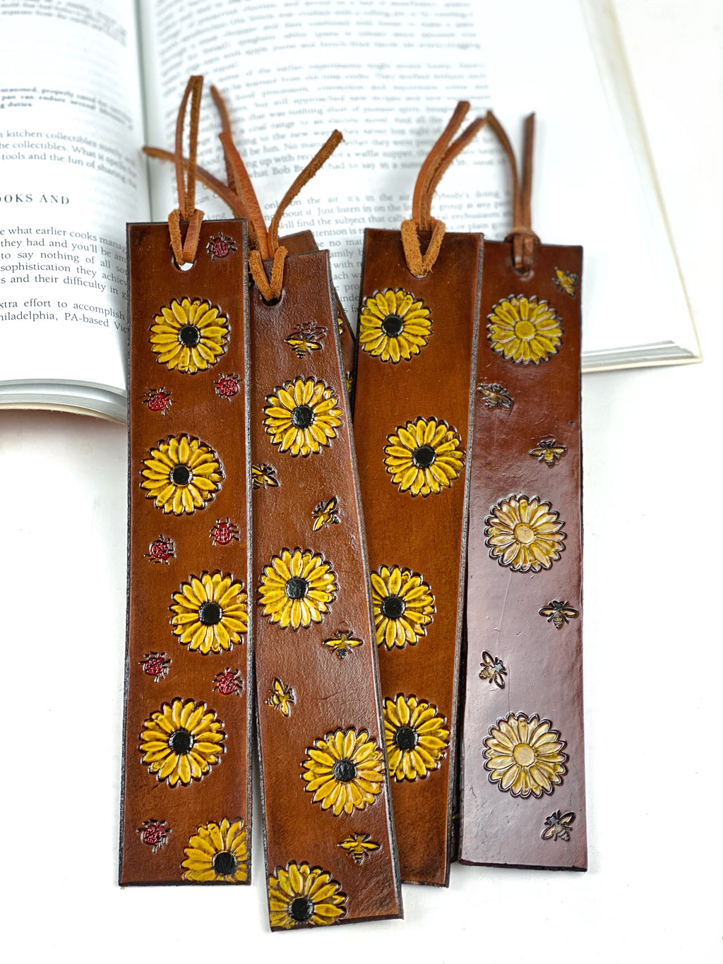 Leather Sunflower Bookmark, Leather Book Marker, Hand Stamped and Painted Leather Flower Book Mark, Leather Bookmarker