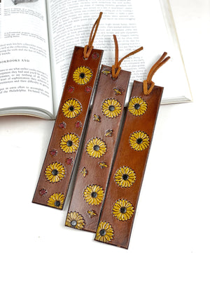 Leather Sunflower Bookmark, Leather Book Marker, Hand Stamped and Painted Leather Flower Book Mark, Leather Bookmarker