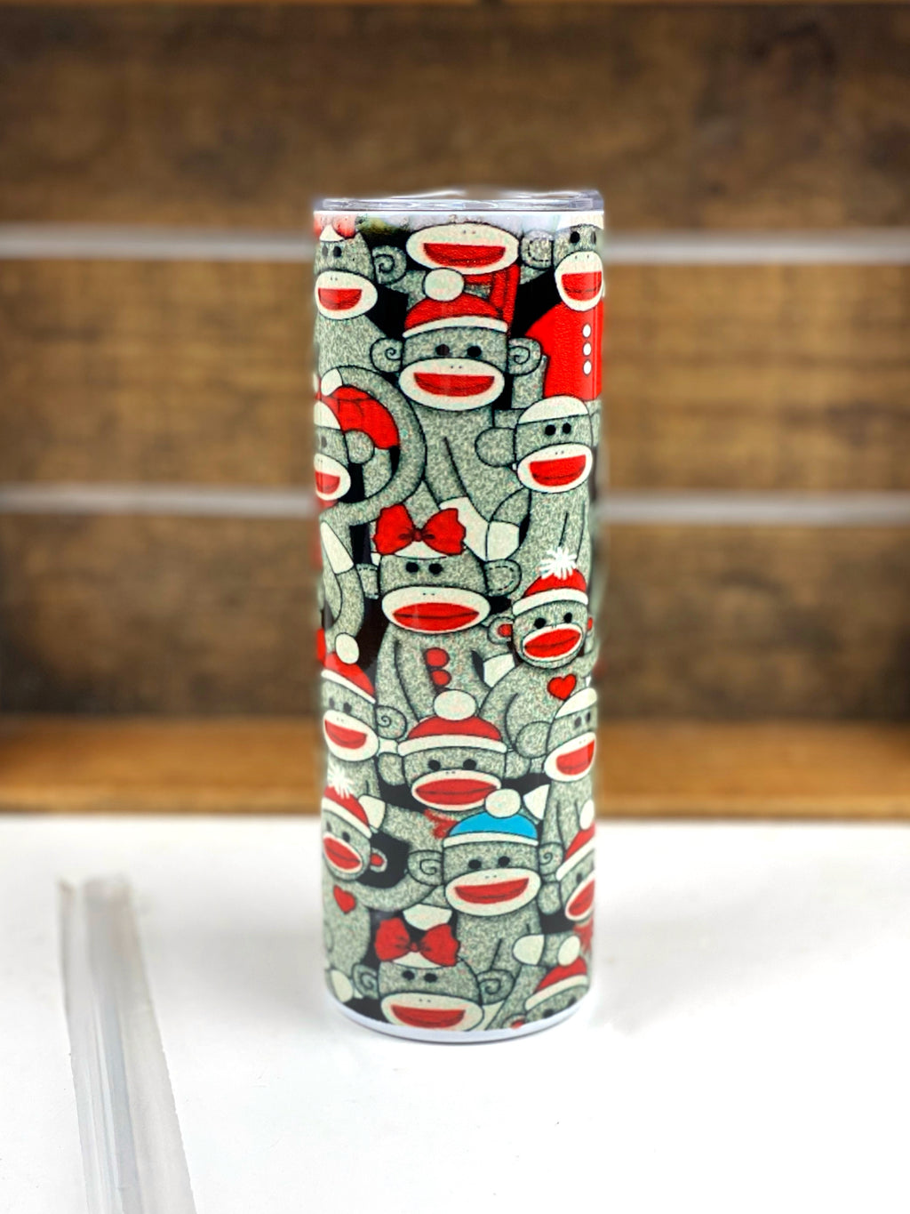 Sock Monkey Full Wrap 20 oz Stainless Steel Skinny Tumbler Sublimation