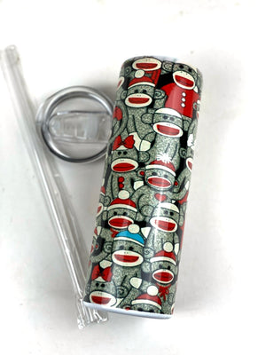 Sock Monkey Full Wrap 20 oz Stainless Steel Skinny Tumbler Sublimation