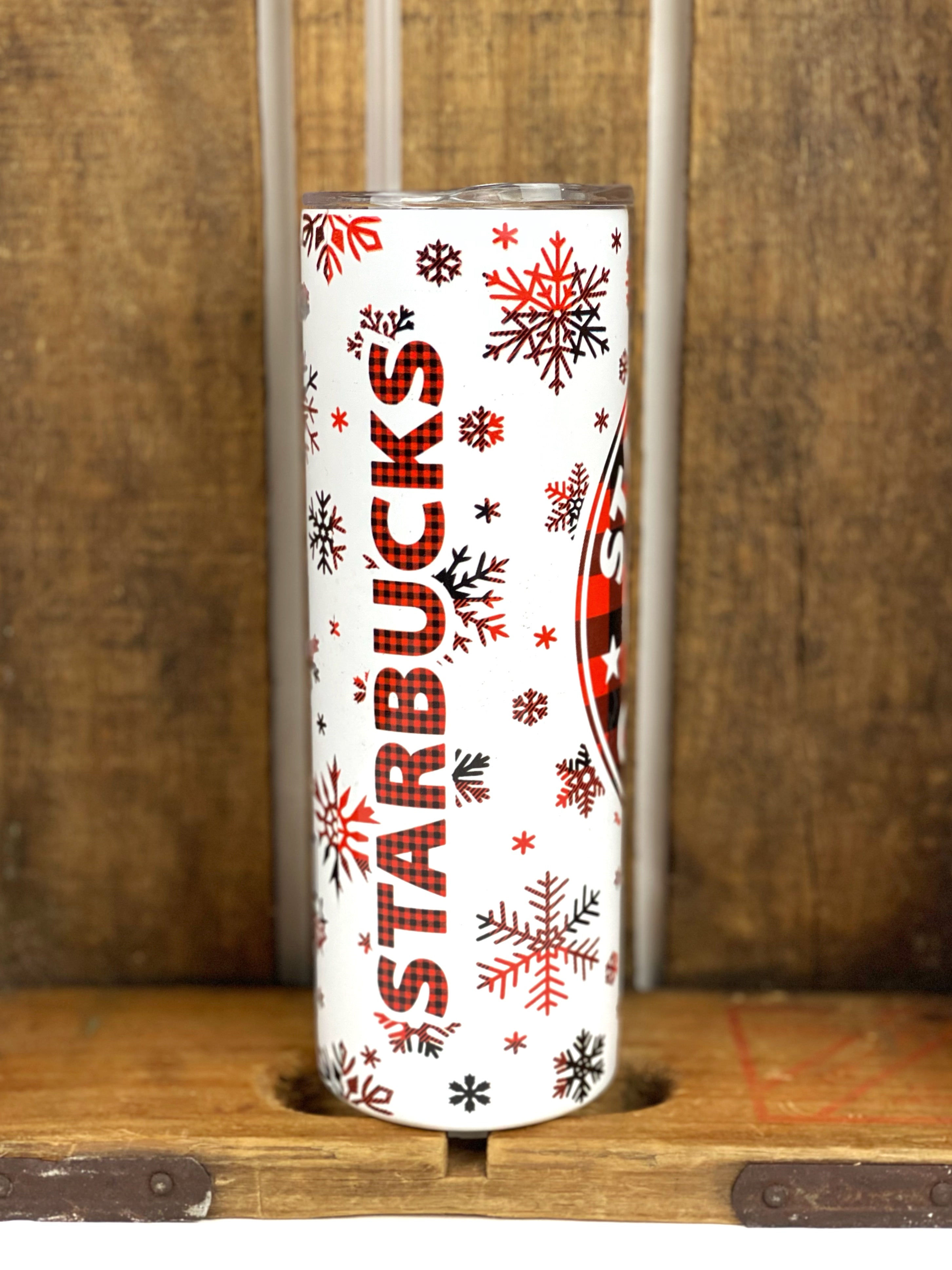 Starbucks Buffalo Plaid Snowflake 20 oz Stainless Steel Skinny Tumbler Sublimation Hot Cold Coffee Soda