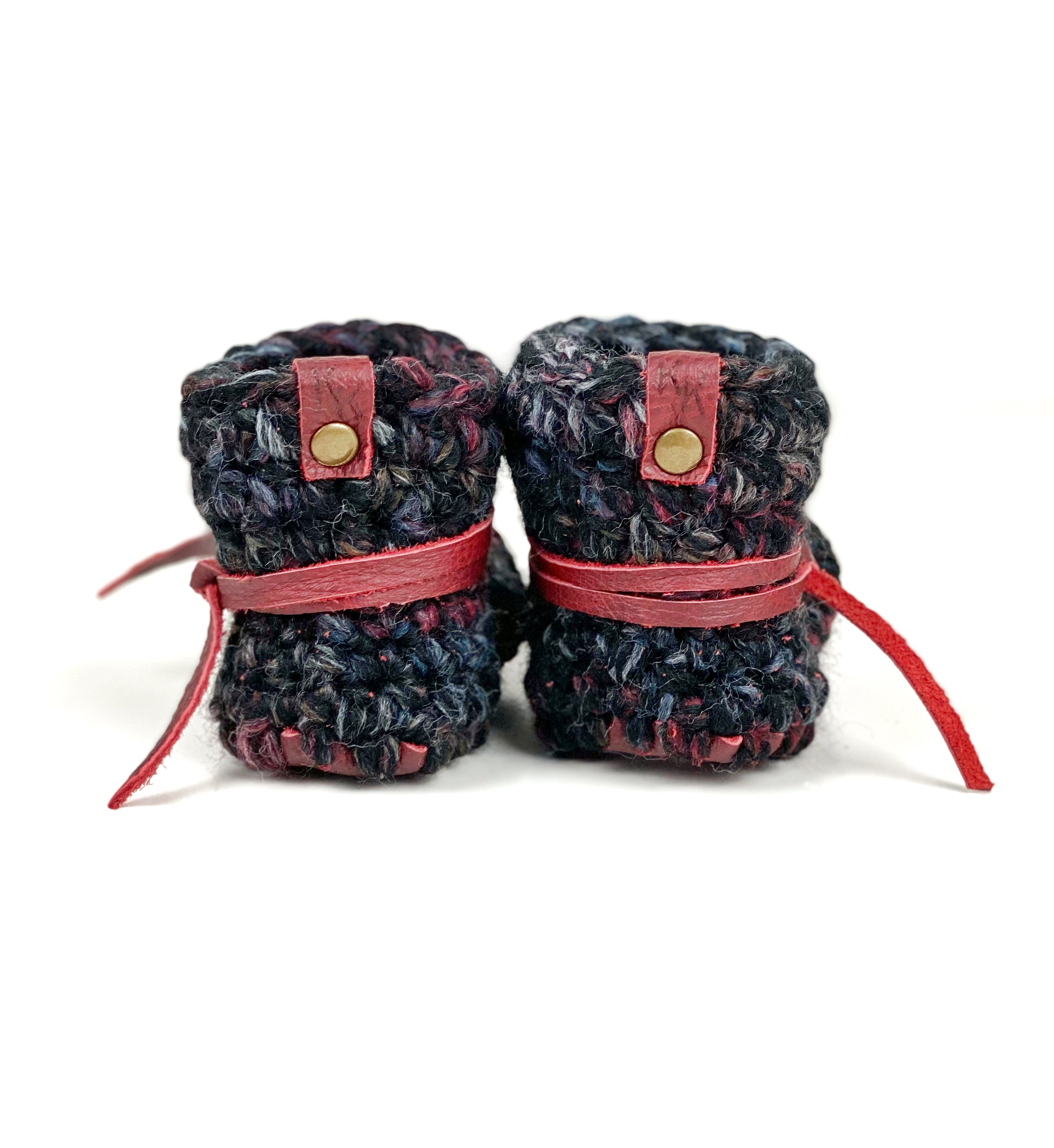 Blackstone Padraig Crocheted Burgundy Leather Sole Baby Booties Handmade Crochet