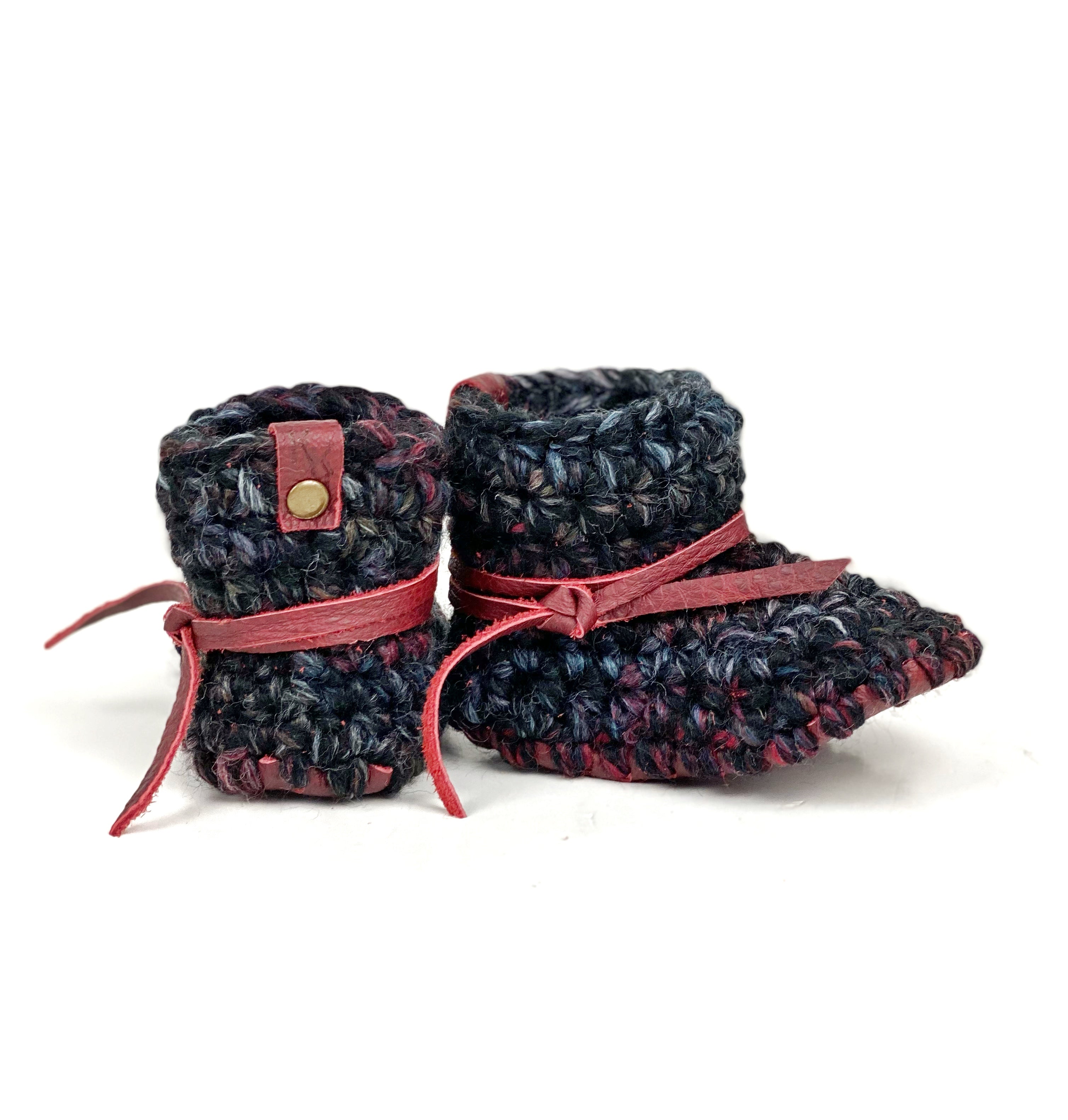 Blackstone Padraig Crocheted Burgundy Leather Sole Baby Booties Handmade Crochet