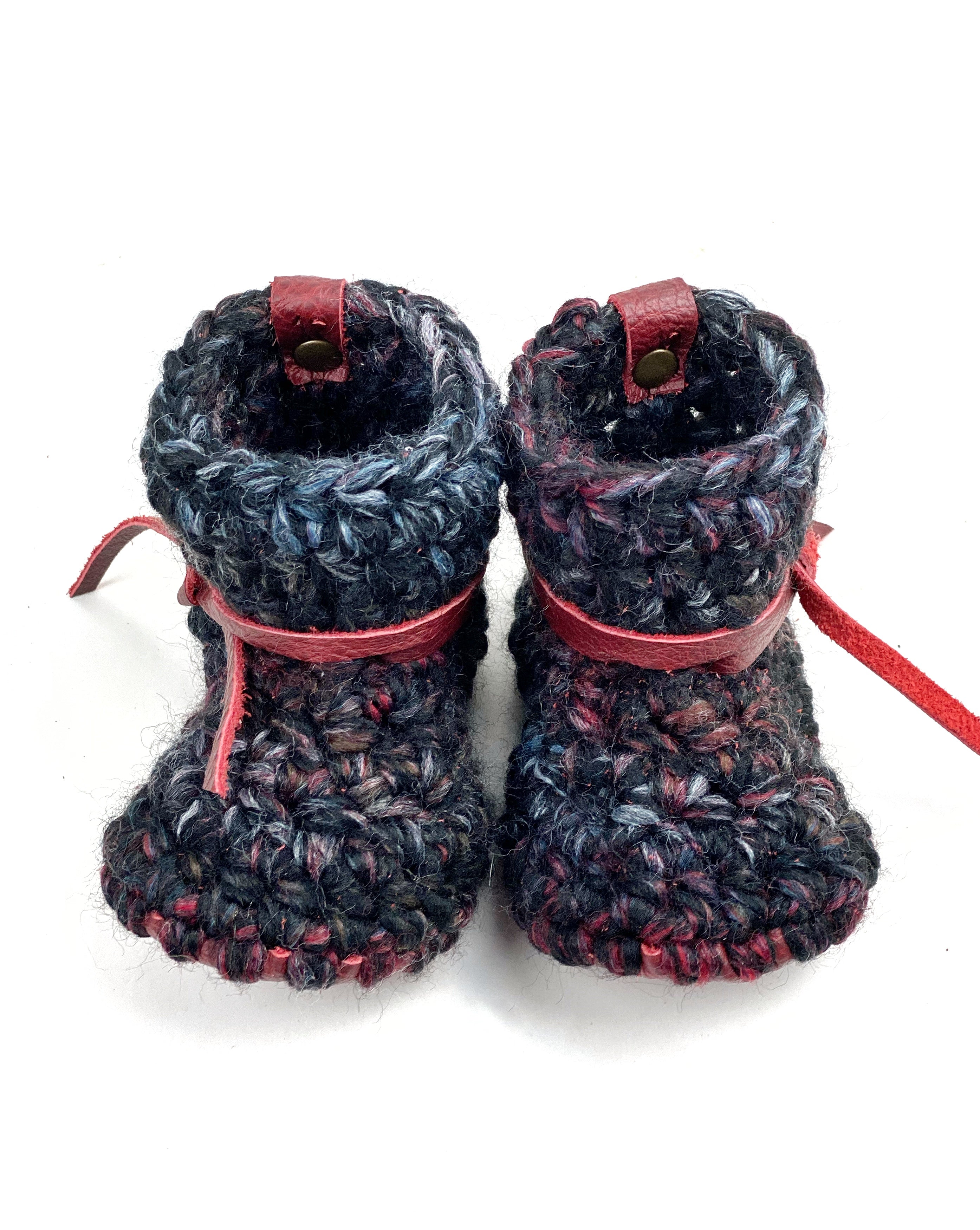 Blackstone Padraig Crocheted Burgundy Leather Sole Baby Booties Handmade Crochet