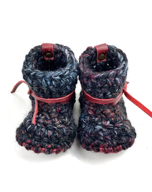 Blackstone Padraig Crocheted Burgundy Leather Sole Baby Booties Handmade Crochet