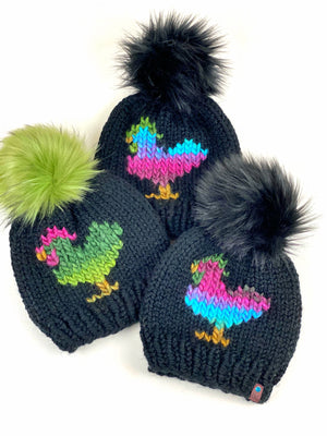 Black and Multi Colored Chicken Beanie Wool Blend Womens Adult Hat Faux Fur Pom Pom Hat