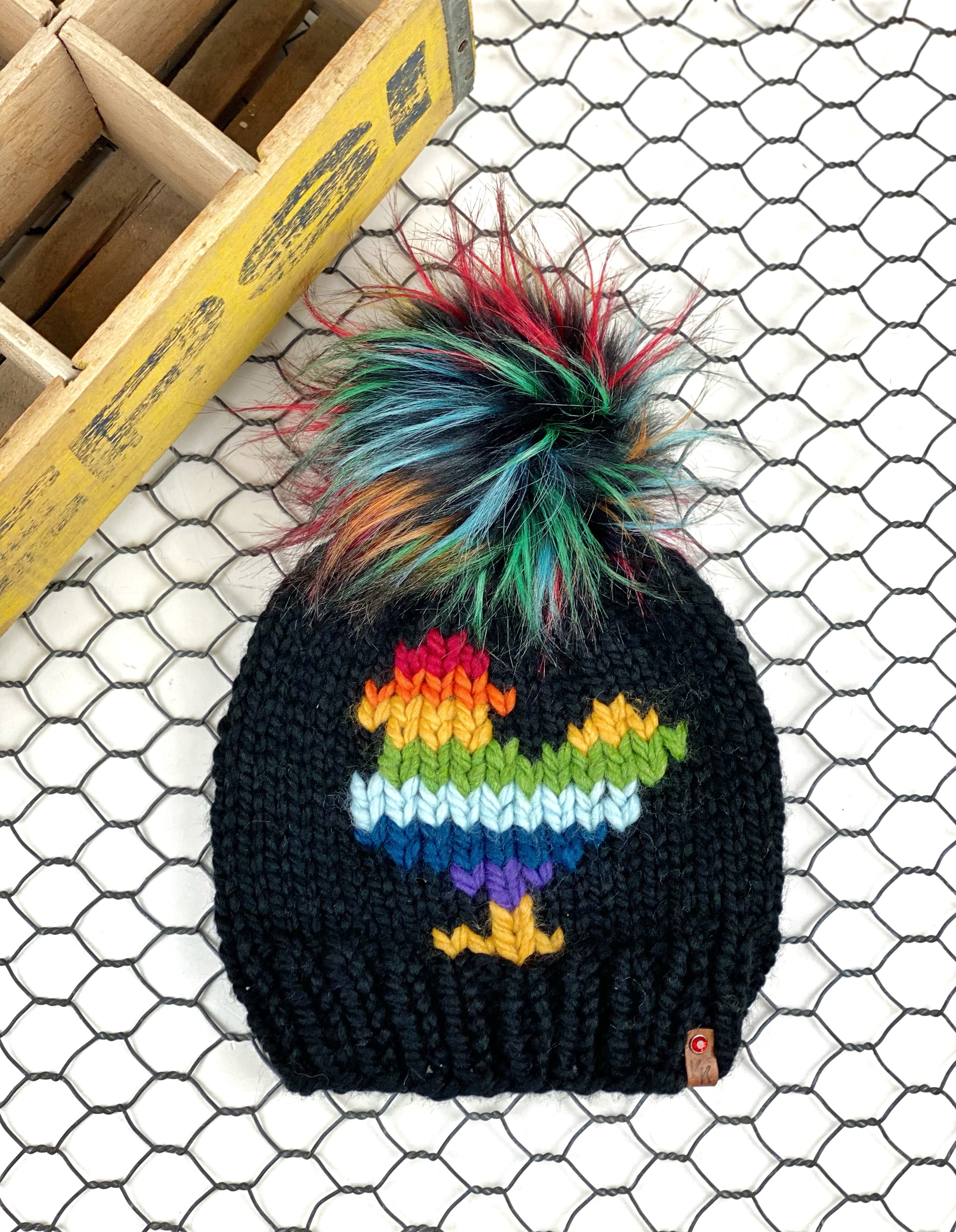 Rainbow Black Chicken Beanie Wool Blend Womens Adult Hat Faux Fur Pom Pom Hat
