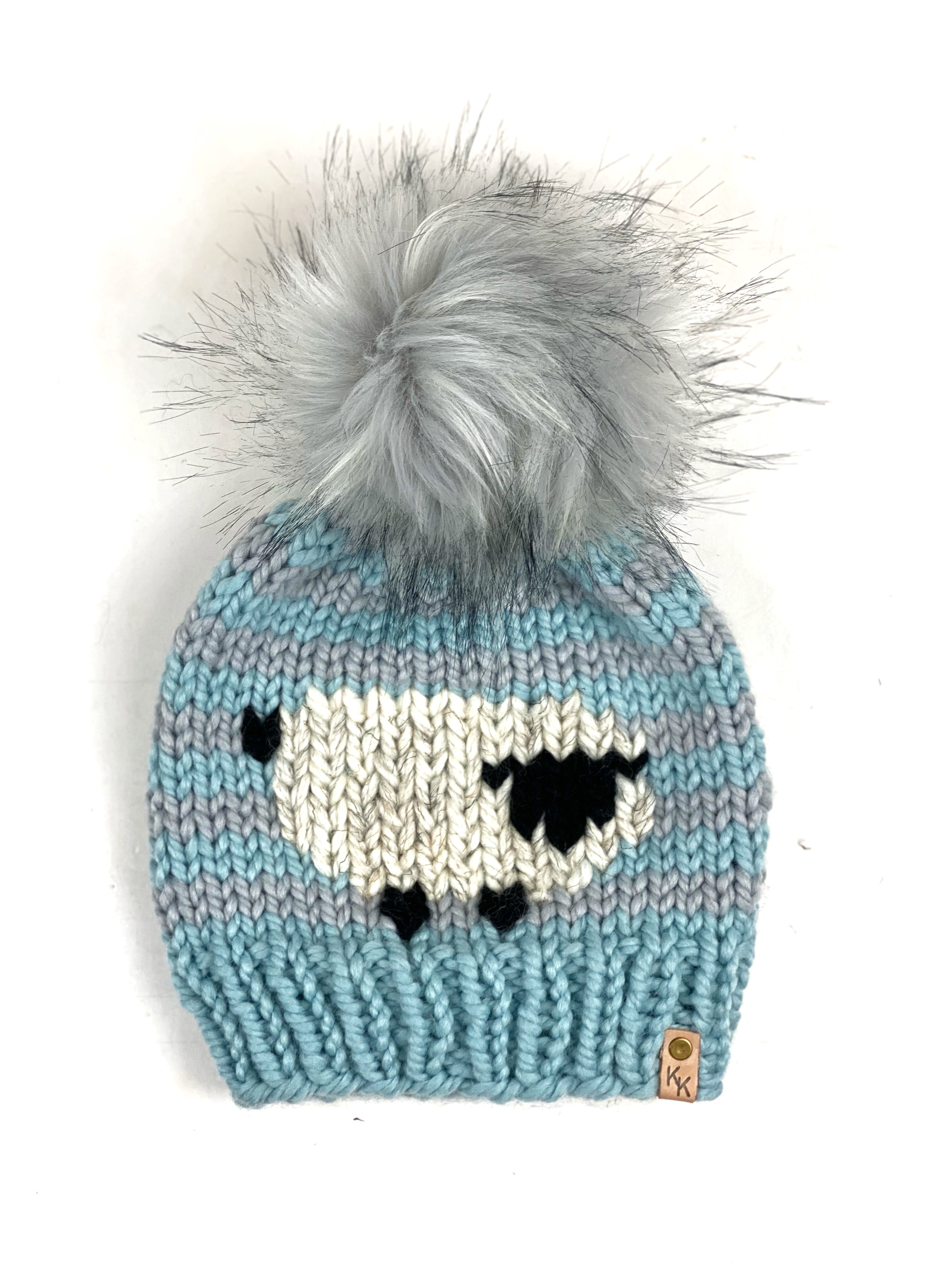 Striped Chicken or Sheep Beanie Wool Blend Womens Adult Hat Faux Fur Pom Pom Hat