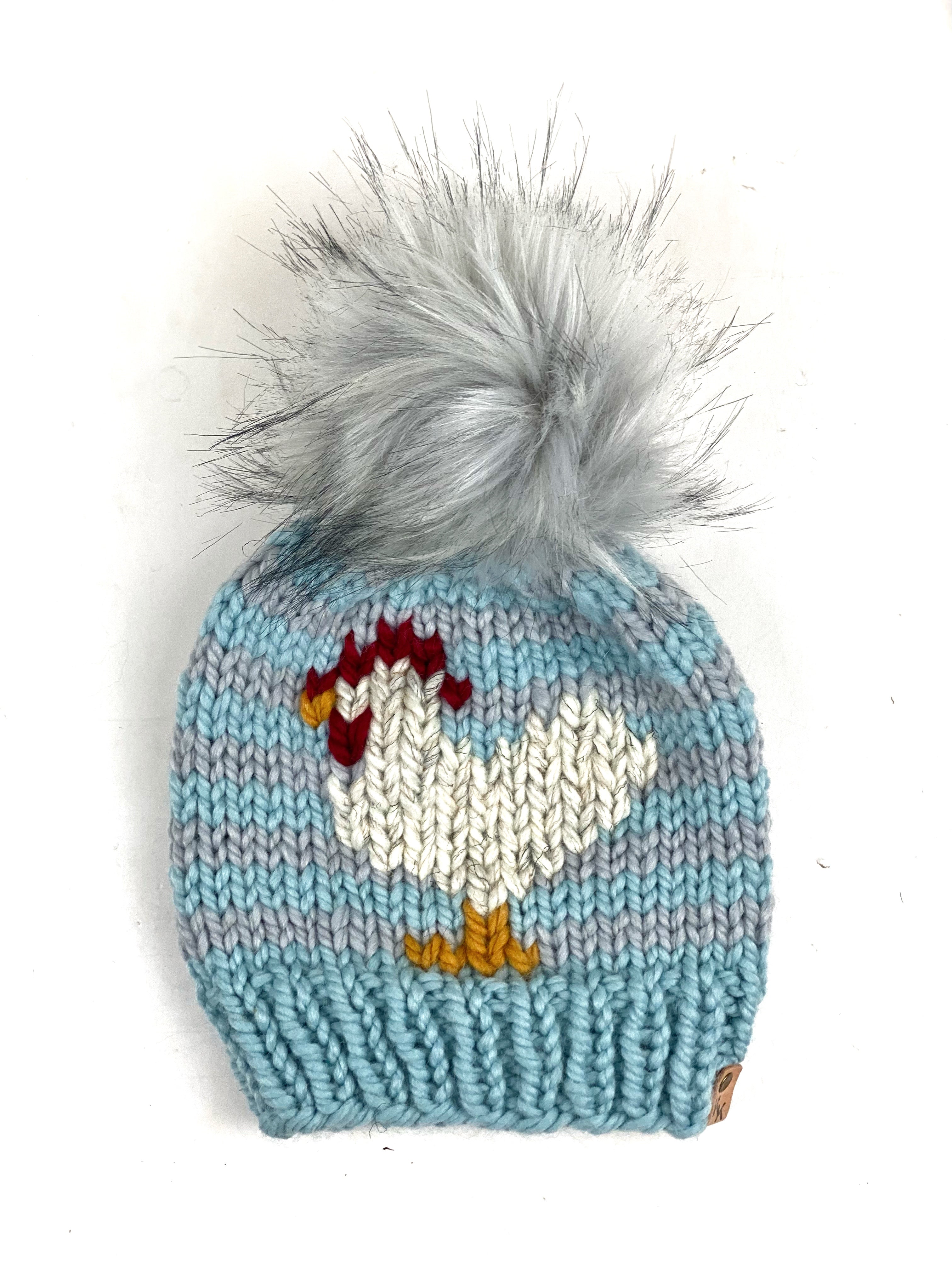 Striped Chicken or Sheep Beanie Wool Blend Womens Adult Hat Faux Fur Pom Pom Hat