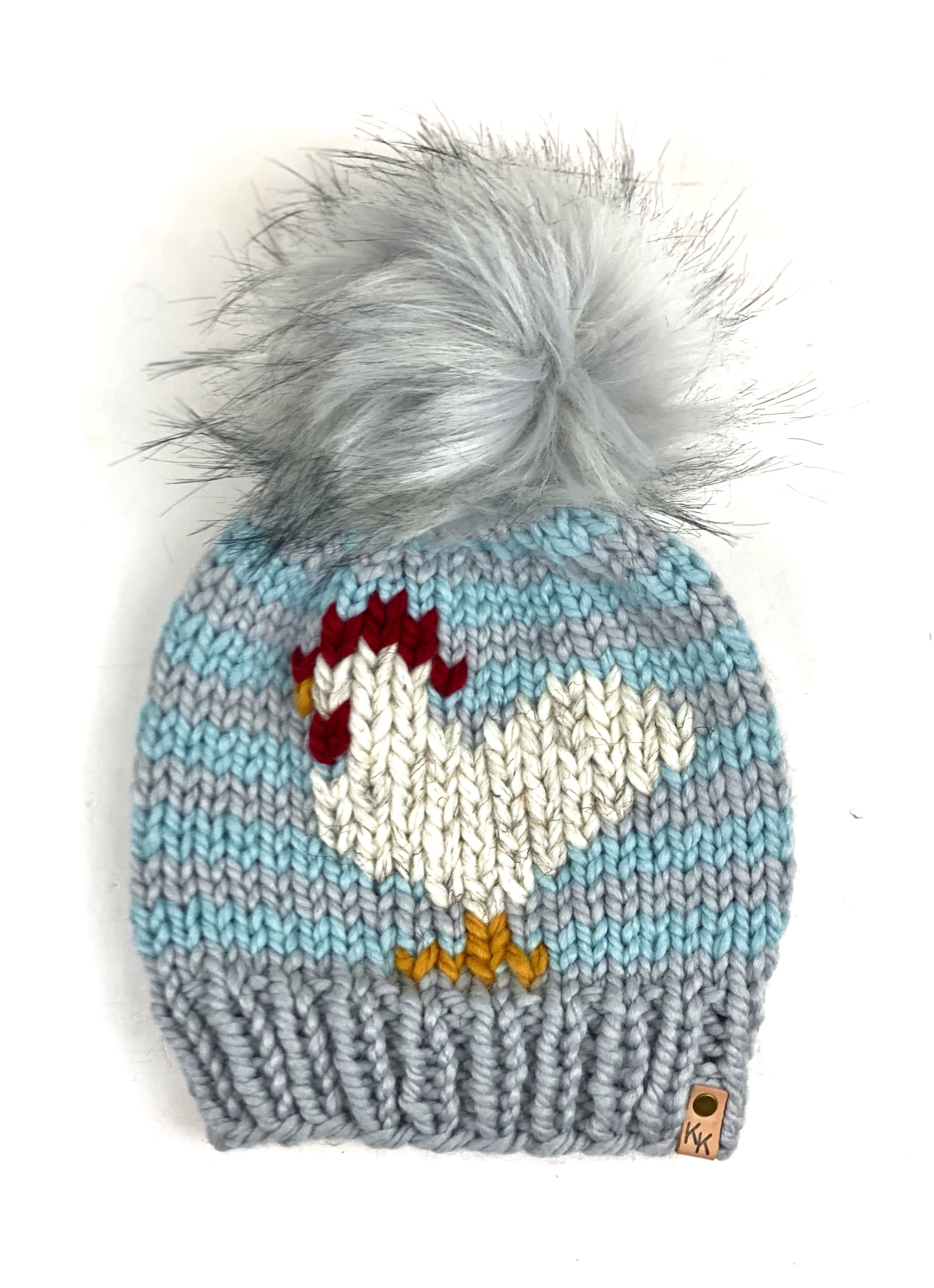 Striped Chicken or Sheep Beanie Wool Blend Womens Adult Hat Faux Fur Pom Pom Hat