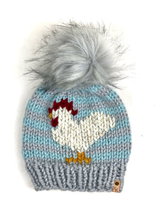 Striped Chicken or Sheep Beanie Wool Blend Womens Adult Hat Faux Fur Pom Pom Hat