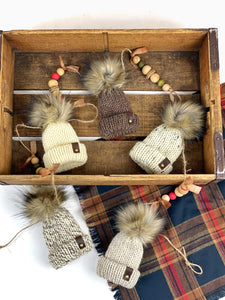 Fishermens Wool Mini Knit Hat Ornament Garland, Folded Brim Tiny Hat Ornaments, Miniature Beanie Christmas Garland Decor, Holiday Decorations
