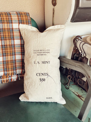 Genuine Vintage U.S. Mint Canvas Bank Coin Money Bag Pillow, Vintage Home Decor, Decorative Home Decor Pillow, Dollars Nickels Cents