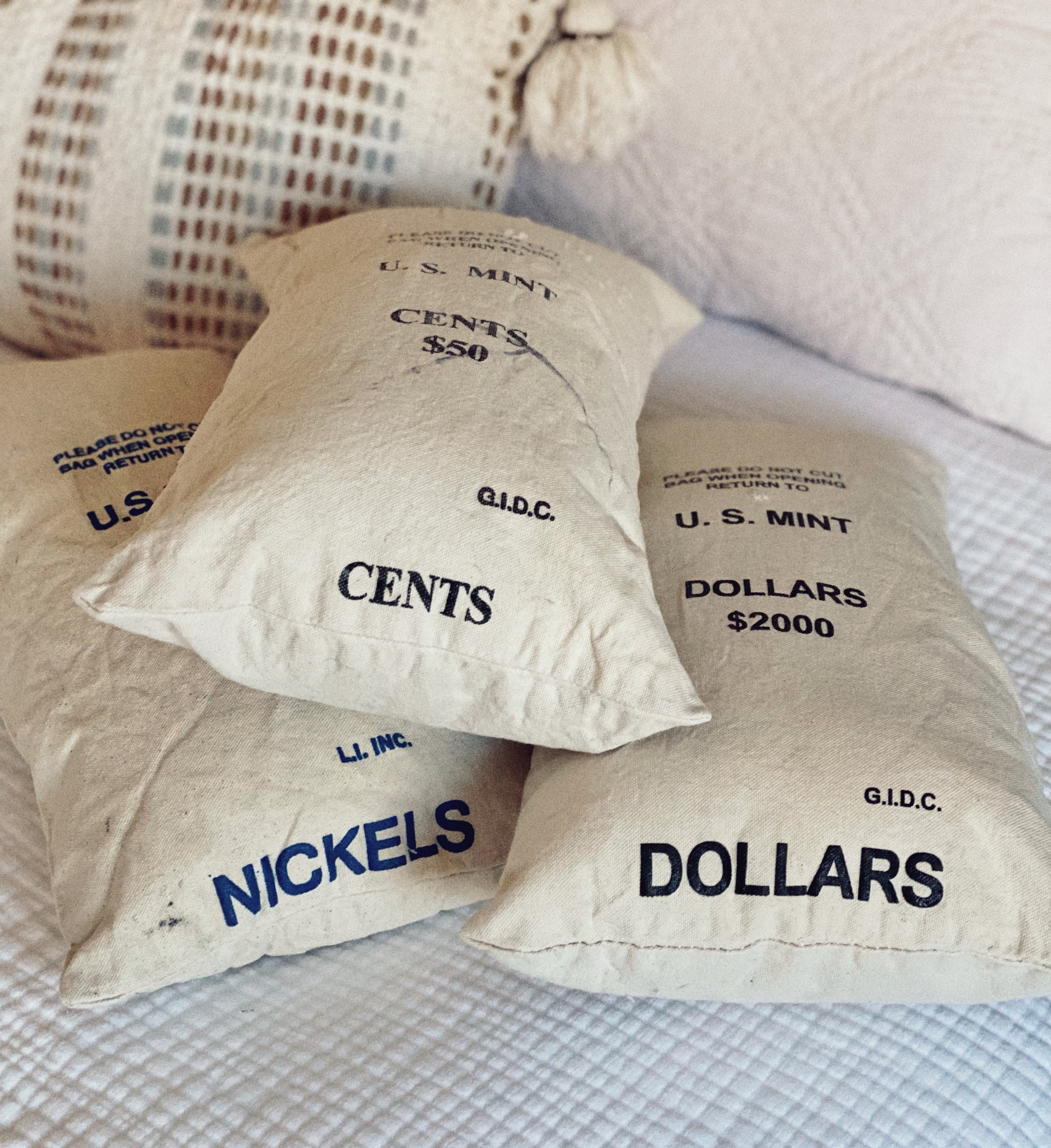 Genuine Vintage U.S. Mint Canvas Bank Coin Money Bag Pillow, Vintage Home Decor, Decorative Home Decor Pillow, Dollars Nickels Cents