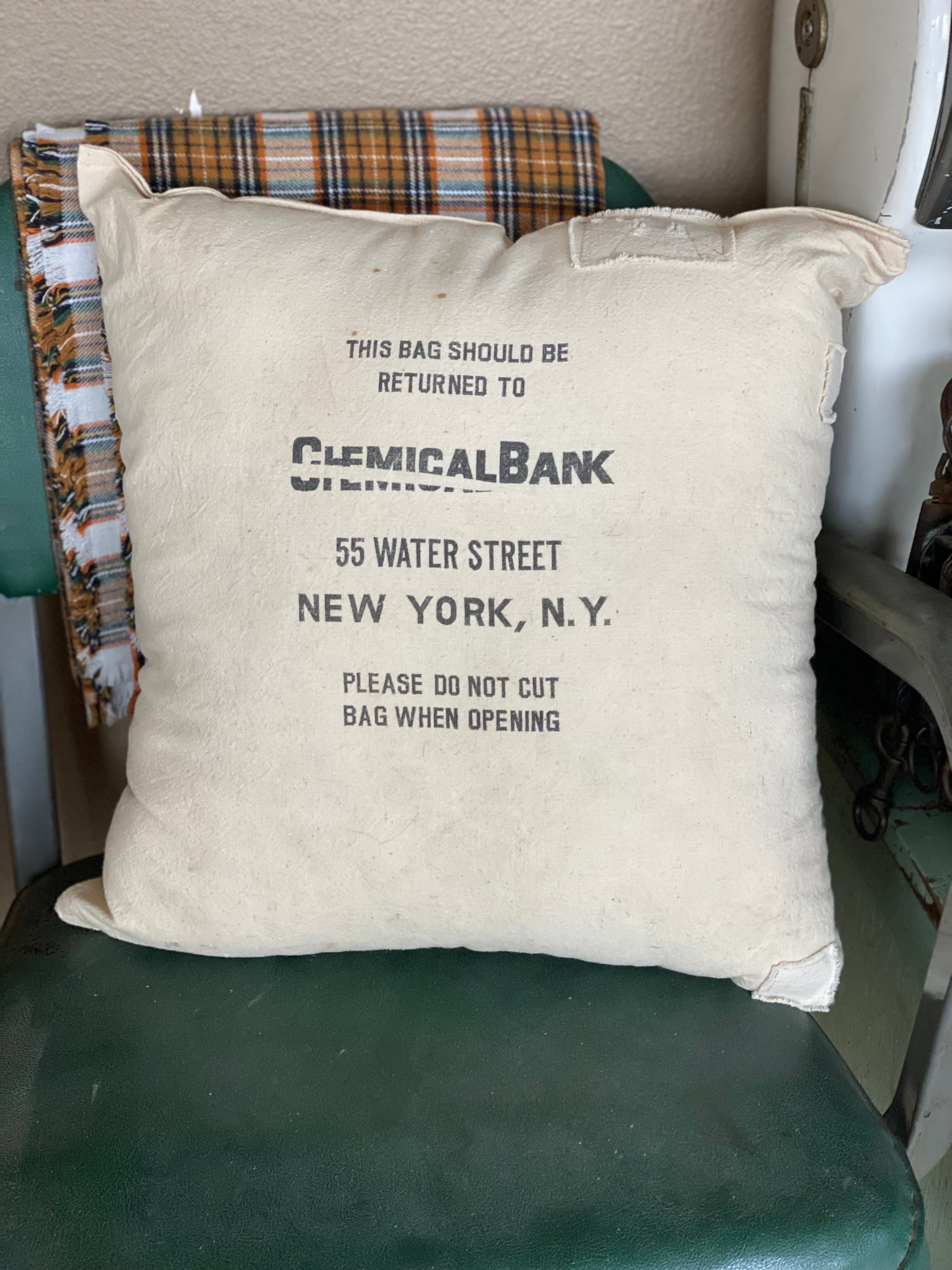 Genuine Vintage Chemical Bank New York NY Canvas Bank Money Bag Pillow, Vintage Home Decor, Decorative Home Decor Pillow