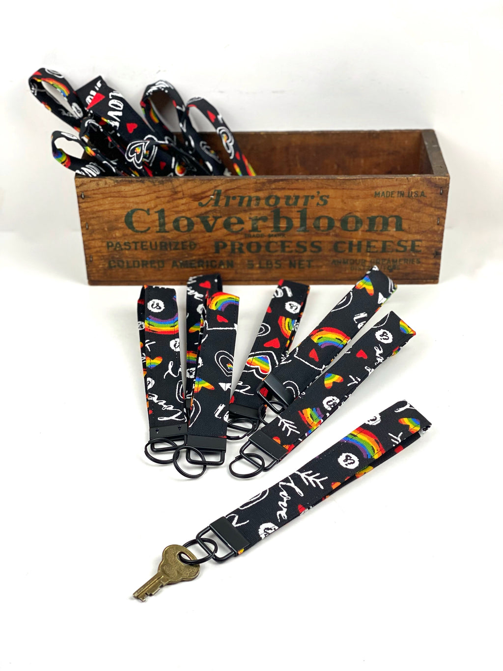 Hearts and Rainbows Black Wristlet Key Fob, Canvas Wrist Key Chain Holder