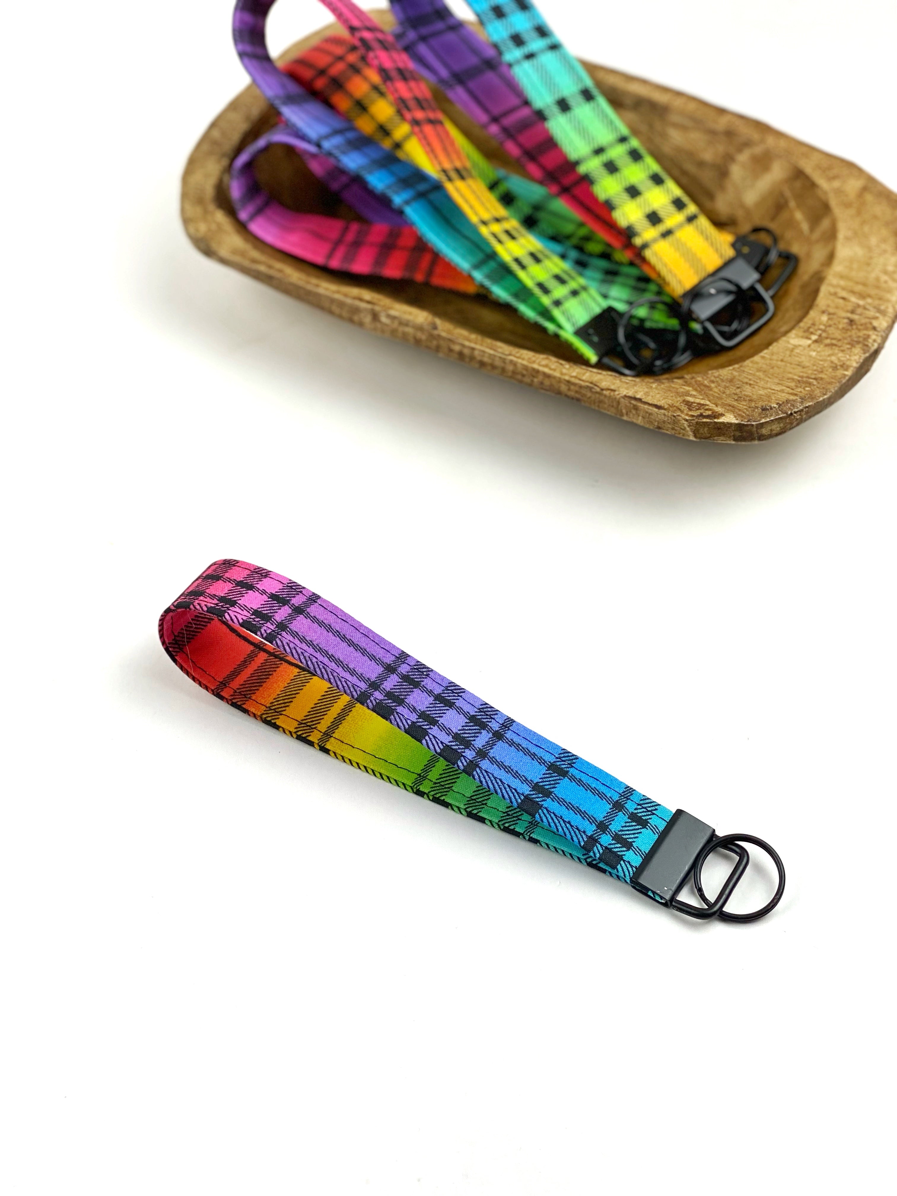 Rainbow Plaid Cotton Wristlet Key Fob, Faux Leather Wrist Key Chain Holder, Cute Wristlet Keychain