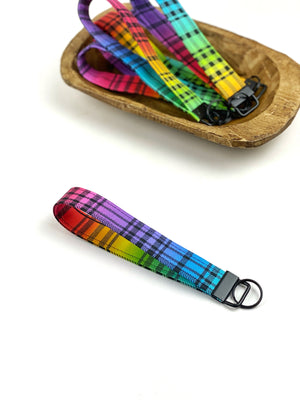 Rainbow Plaid Cotton Wristlet Key Fob, Faux Leather Wrist Key Chain Holder, Cute Wristlet Keychain