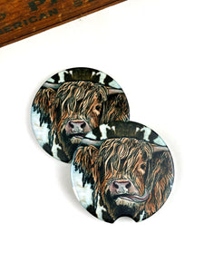 Highland Cow Western or Cow Hide Car Coasters Ceramic Stone Sublimation Set of 2